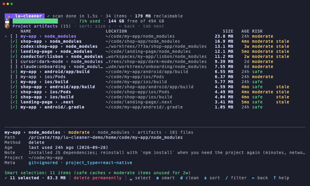 Demo of the lu-cleaner dashboard: the scan streams in and nothing is selected, the Worktrees category shows the details of each AI agent worktree, the a key smart-selects the recommended project artifacts and space adds one more by hand, the confirmation dialog lists what will be cleaned, and the summary shows the freed space.
