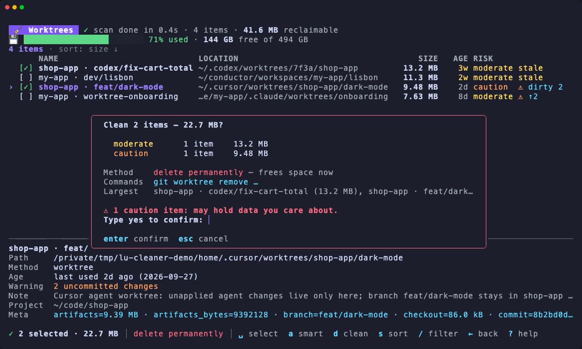 Demo of lu-cleaner worktrees: the list shows each worktree with its tool, branch and status; a merged Codex worktree and a Cursor worktree with uncommitted changes are selected; after typing yes, the merged one is removed and the dirty one is refused.